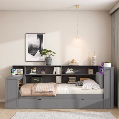 Wood Full Size Platform Bed with Storage Shelves, Drawers, USB Charging, LED Headboard & Built-In Desk