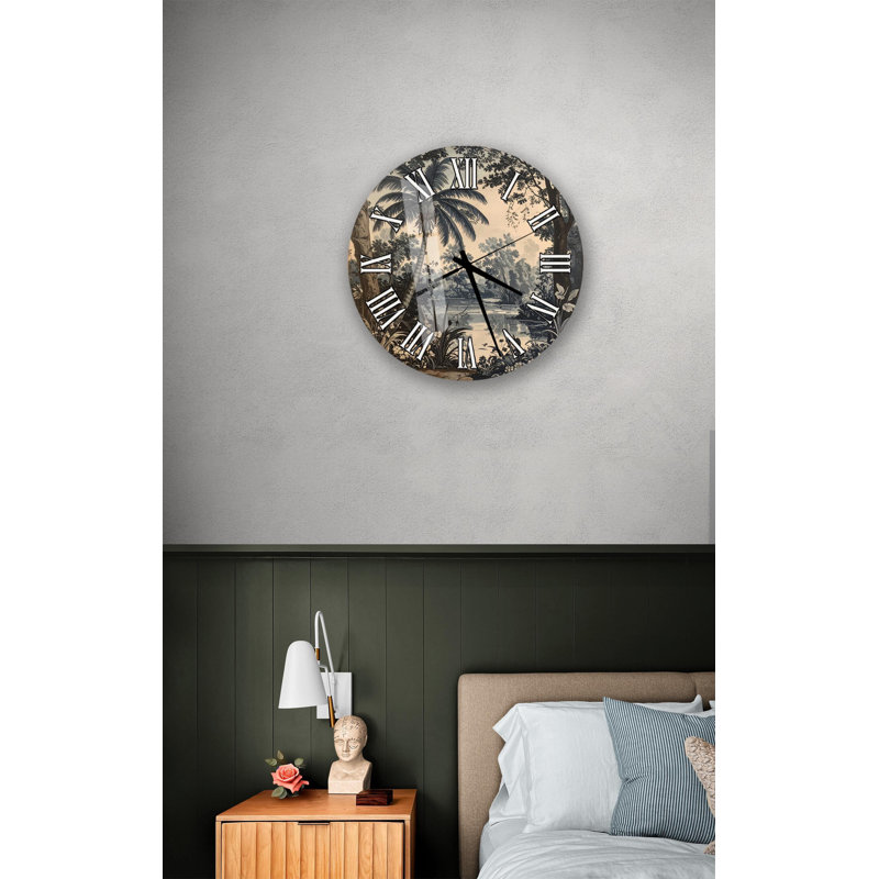 Horloge murale rétro paysage tropical - art de palmier en verre trempé - décor de jungle nature antique, cadeau de maison botanique rustique