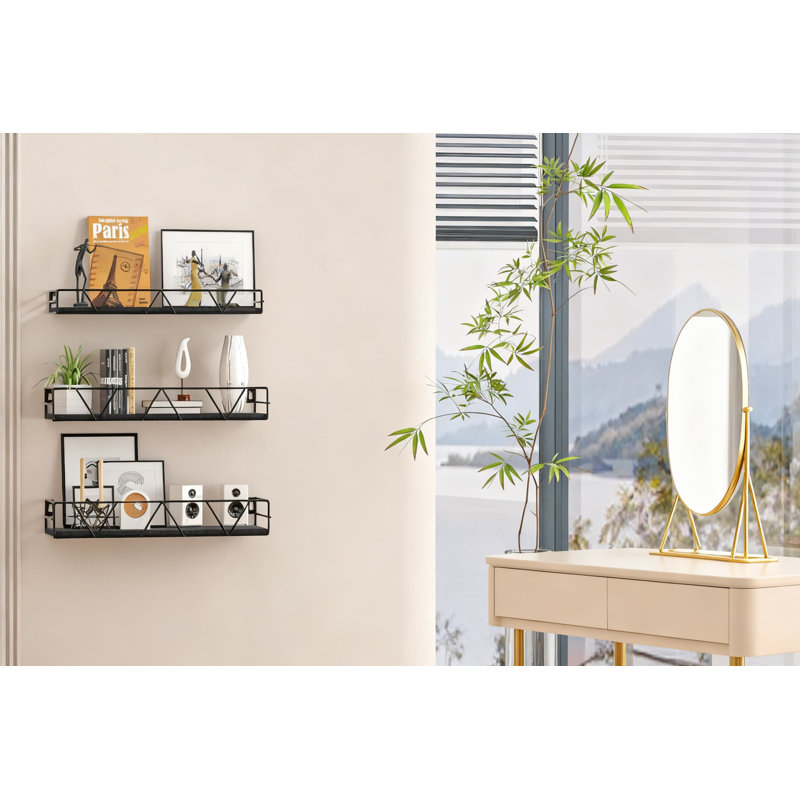 Floating Shelves Set Of 3, Solid Wood Wall Mounted Shelf With Metal Guardrail For Farmhouse Bedroom, Living Room, Bathroom, Kitchen And Office Storage