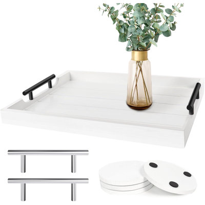 Large Wooden White Serving Tray with 2 Sets of Handles