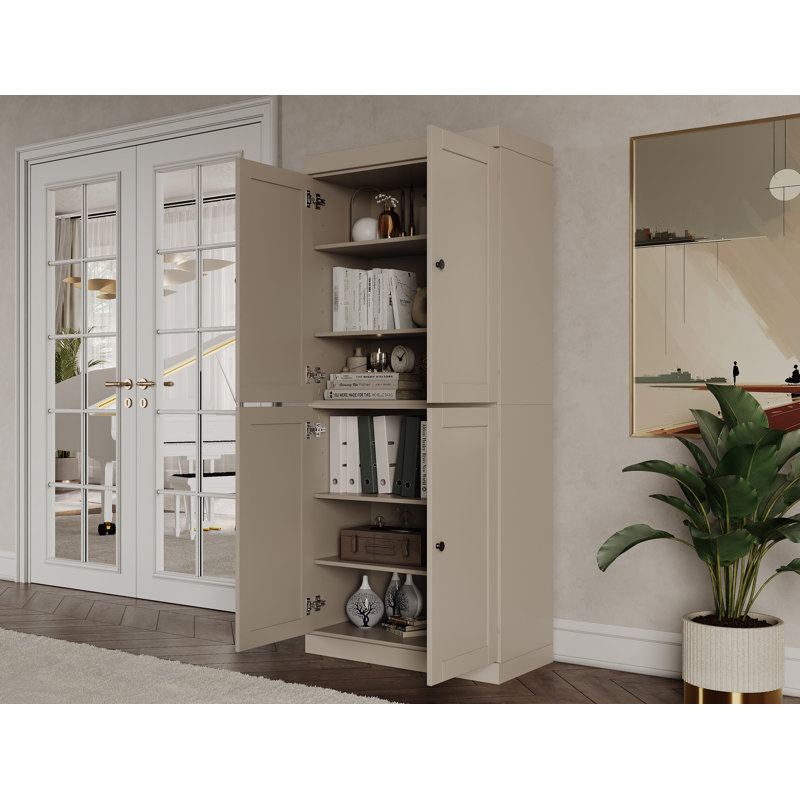 Bibliothèque 100% bois massif à 6 tablettes, portes Shaker, tablettes réglables, 32 po de largeur, 71,5 po de hauteur, Beige