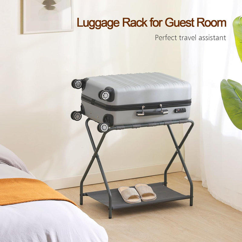 Gray Foldable Metal Luggage Rack with Storage Shelf, Set of 2