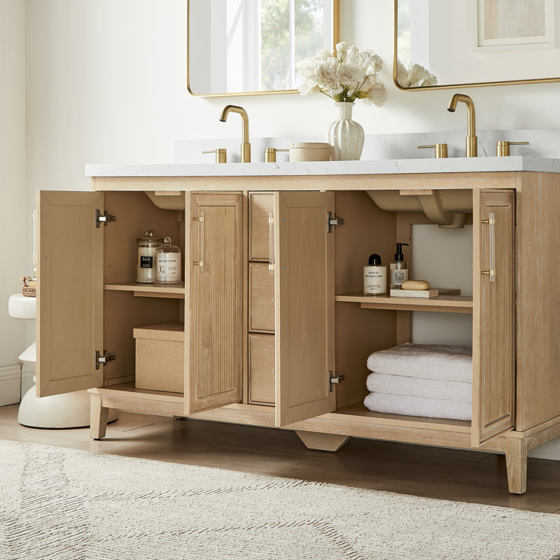 Sianni 60" Double Bathroom Vanity with Quartz Top, Washed Oak