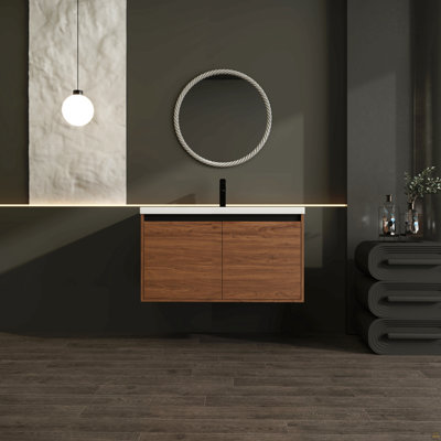 Meuble-lavabo mural 36 po avec lavabo en résine, finition brun naturel, armoire à double porte en contreplaqué, ensemble de meuble-lavabo flottant moderne, ensemble KD, ensemble simple