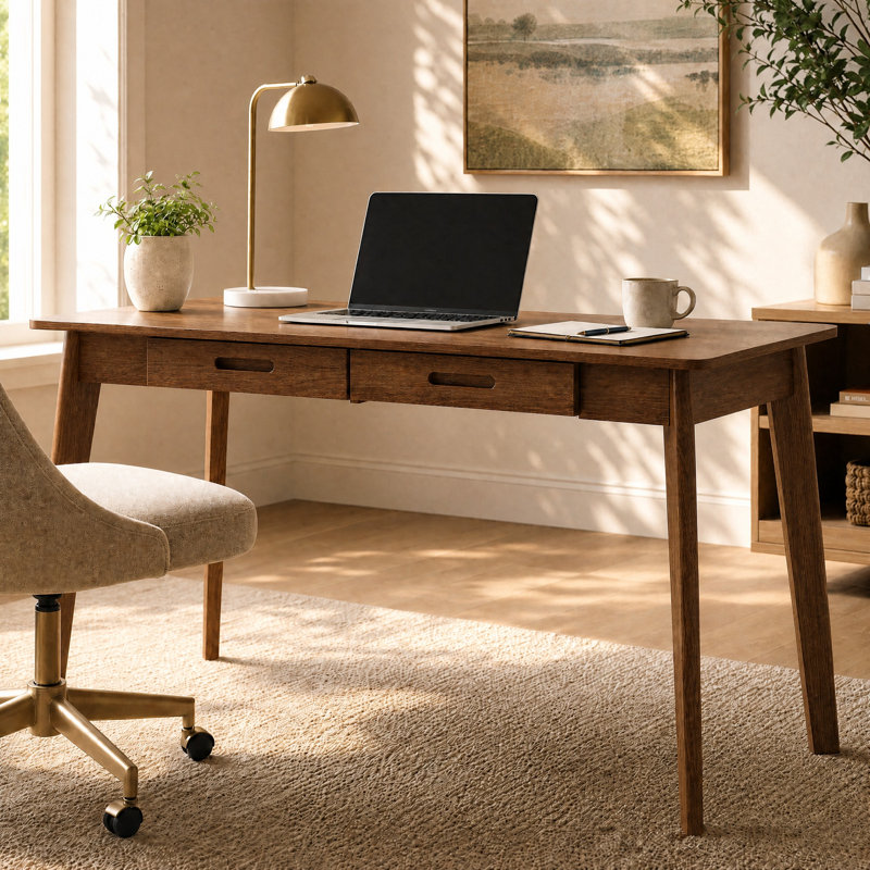 Caidence 2-Drawer Writing Desk with Solid Wood Legs, 29.53" H x 47.2" W x 21.7" D, Brown / Brown