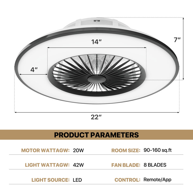 Ventilateur de plafond à profil bas de 22 po avec éclairage et télécommande, ventilateur de plafond encastré avec commande APP