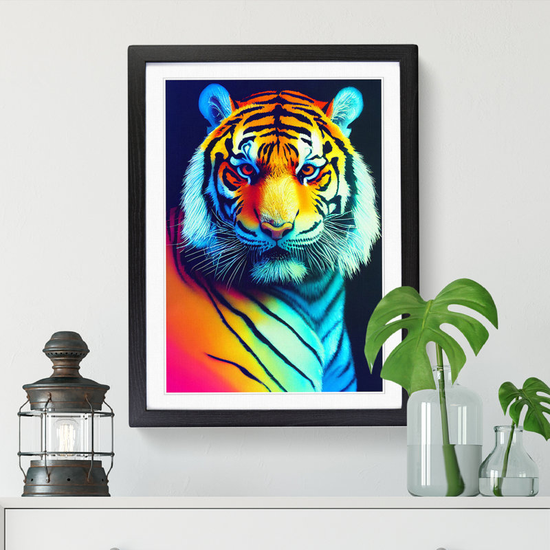 FRM-V0523-2521X Tiger Vaporwave - Single Picture Frame Print, 64cm H x 46cm W x 2cm D, Black