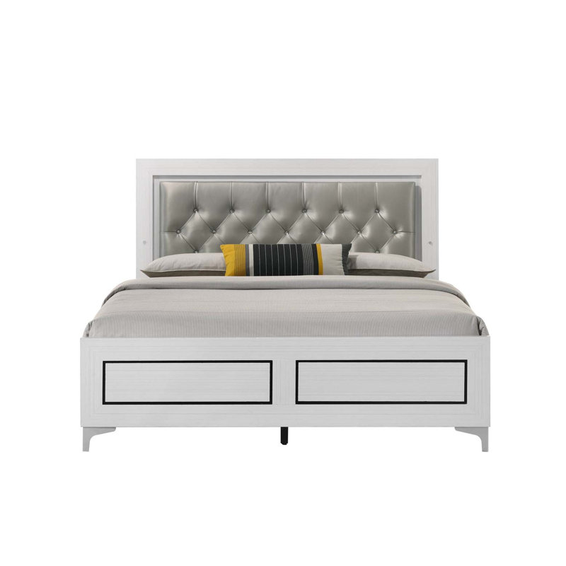Grand lit gris et blanc avec tête de lit matelassée à DEL