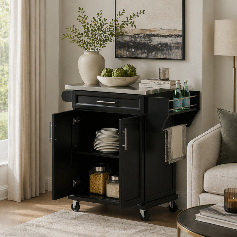 Îlot de cuisine à chariot roulant avec comptoir en acier inoxydable, Black