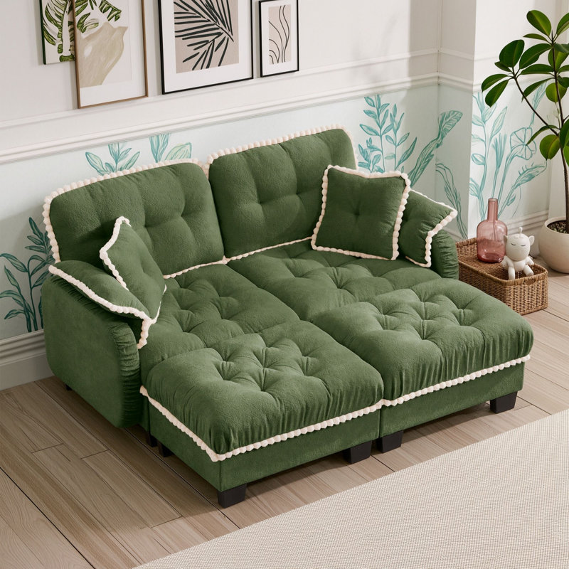 Canapé deux places avec pouf et quatre coussins, Vert