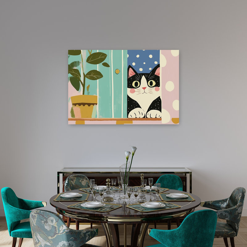 Curious Cat Peeking Playful Whimsical Contemporary Cat Plant Wall Art Print by Mathieu - Wrapped Canvas Print