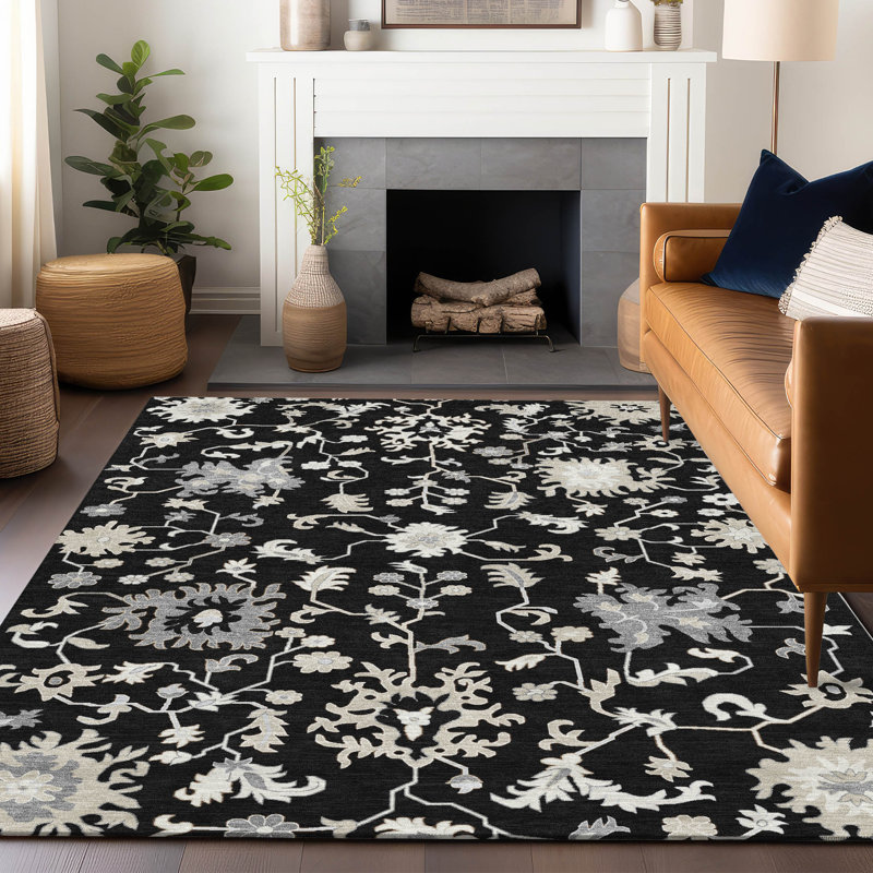 Tapis noir intérieur / extérieur lavable à la machine Xhevrie, Rectangulaire 3 pi x 5 pi