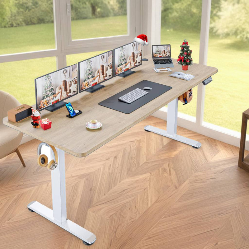 Olivia 70.87" Electric Height Adjustable Standing Desk With 4 Lockable Casters, 2 Hooks, Big Mouse Pad, Oak Grey