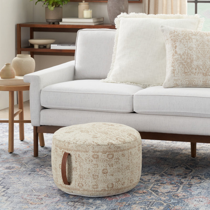 Ivory Beige Cotton Upholstered Round Pouf with Faux Leather Handle