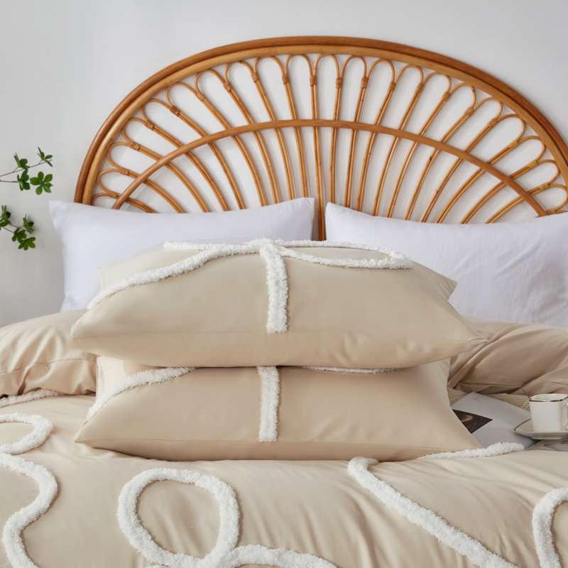 Boho Tufted Embroidered Duvet Cover Set with Zipper and Ties for All Season, King Duvet Cover + 2 Pillowcases, Khaki