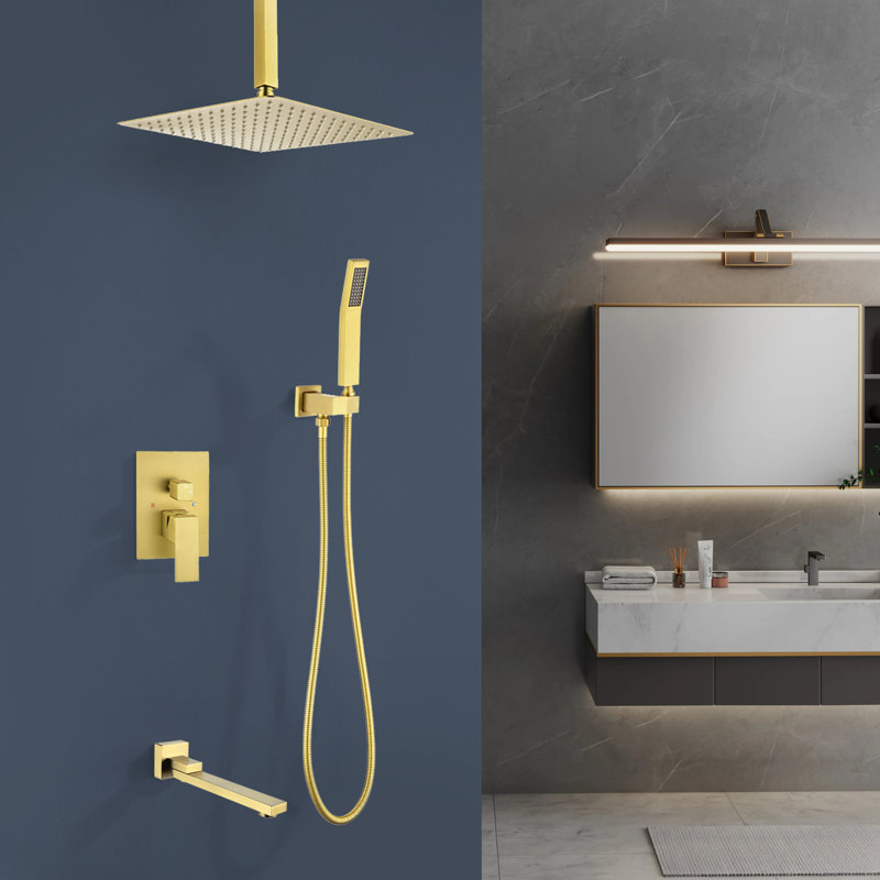 1 jet de 16 po Double pomme de douche fixe et à main avec robinet de baignoire 2,5 gallons par minute en or brossé