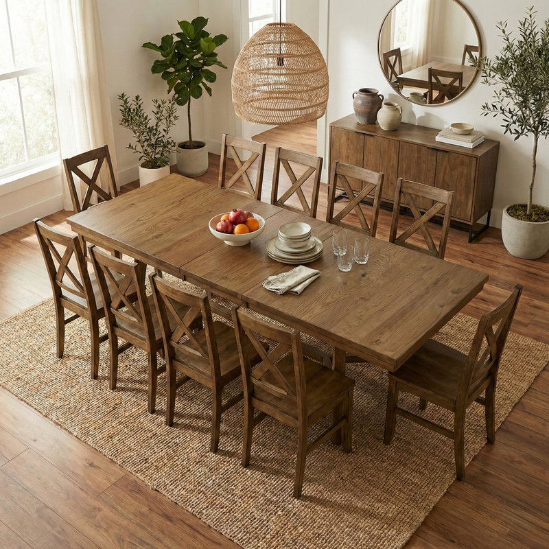 Oaklyn Modern Extendable Rectangular Dining Table Set, Brown, 11 Pieces: Table, 10 Chairs