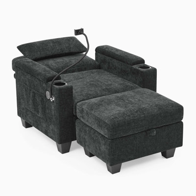 Multi Functional Manual Adjustable Recliner Single Sofa With USB Port Phone Holder Hidden Storage Armrest And Matching Storage Ottoman