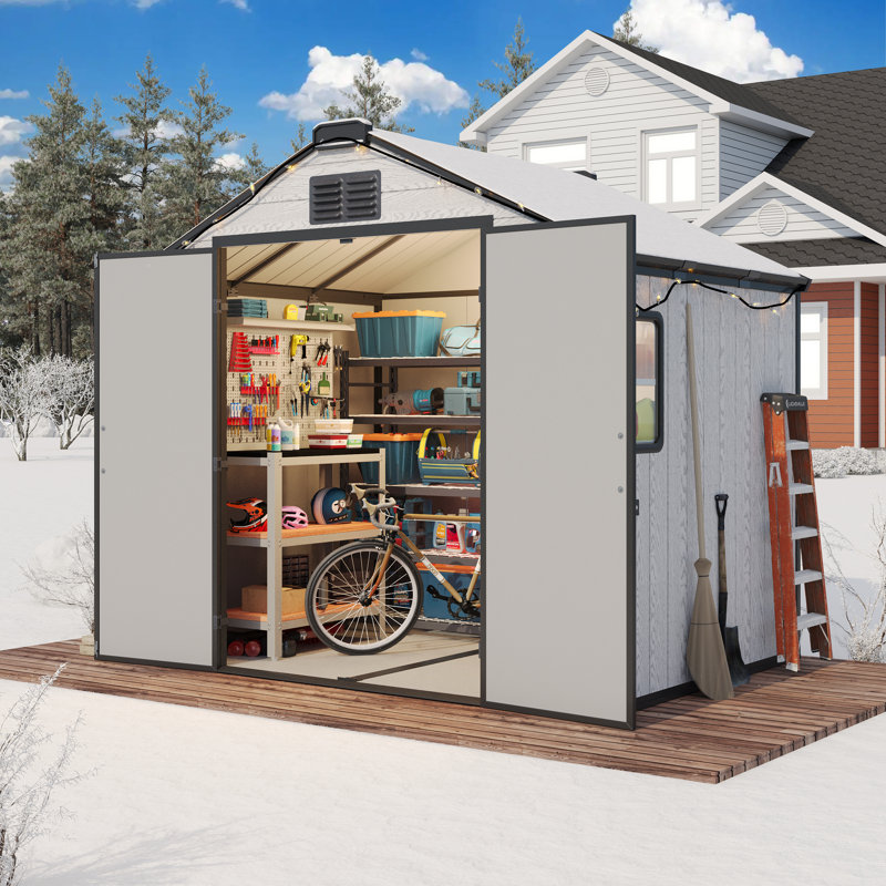 Remise de rangement extérieure, remise résistante aux intempéries avec portes doubles verrouillables et plancher intégré, remise extérieure à toit incliné pour la cour, le patio et la pelouse, gris