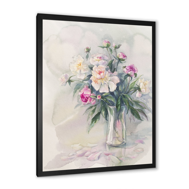 Bouquet abstrait de pivoines blanches II - reproduction d'art sur toile, Cadre photo noir, H 20 po x l 12 po x P 1 po
