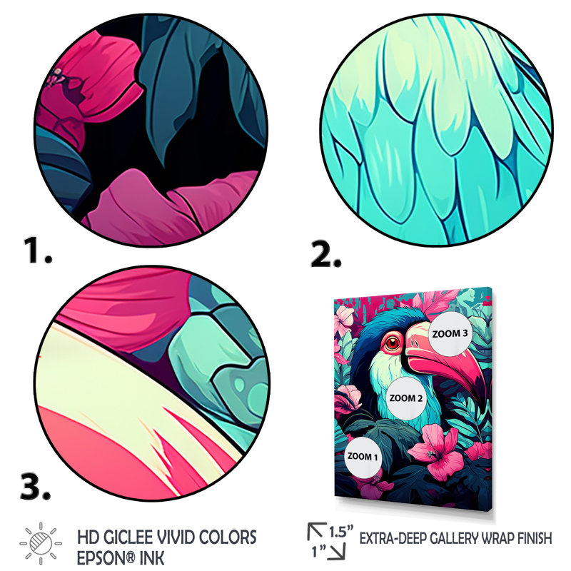 Toucans roses et bleus tropicaux - art mural Toucan, Cadre simple noir, H 20 po x l 12 po x P 1 po