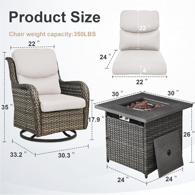 Koba 5-Piece Outdoor Conversation Set – Swivel Rocking Chairs with Fire Pit Table, Beige, Gray