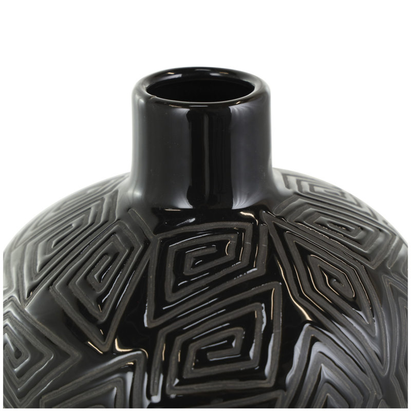 Ceramic Decorative Black Vase with Geometric Etchings, 19.45" H x 7.75" W x 7.85" D