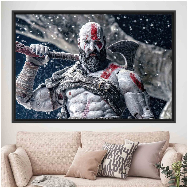 Modern God of War Kratos Canvas Poster - Contemporary Loft Wall Art 2, Framed Print without Mat, 20 cm H x 30 cm W, Black