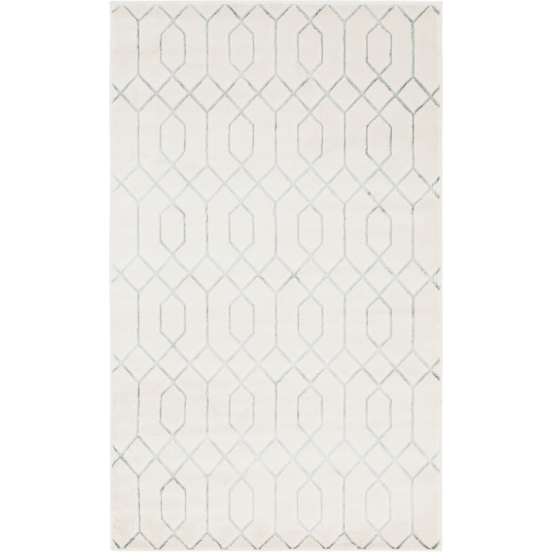 Glam Geometric White Silver Area Rug, Rectangle 5'3" x 8'