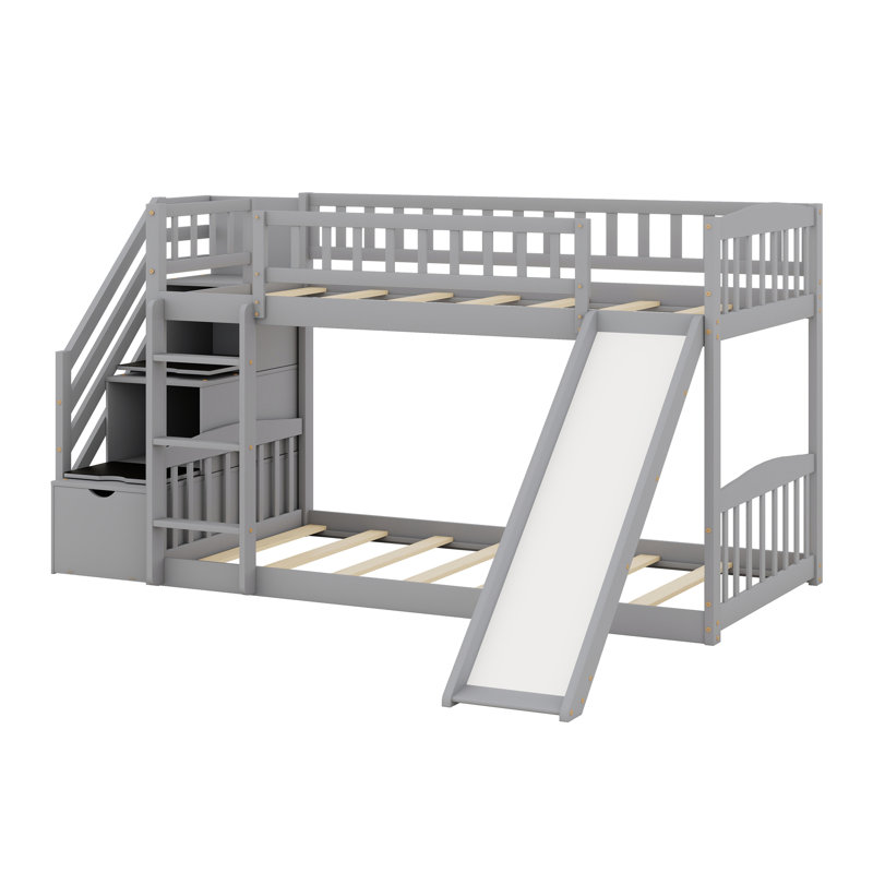 Lit superposé avec escalier de rangement et glissade, Gris