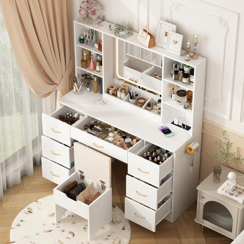 47"  Vanity Desk with LED Lighted Mirror,Drawers & Cabinets, Makeup Table with Power Outlet,  Adjustable Lighting Modes