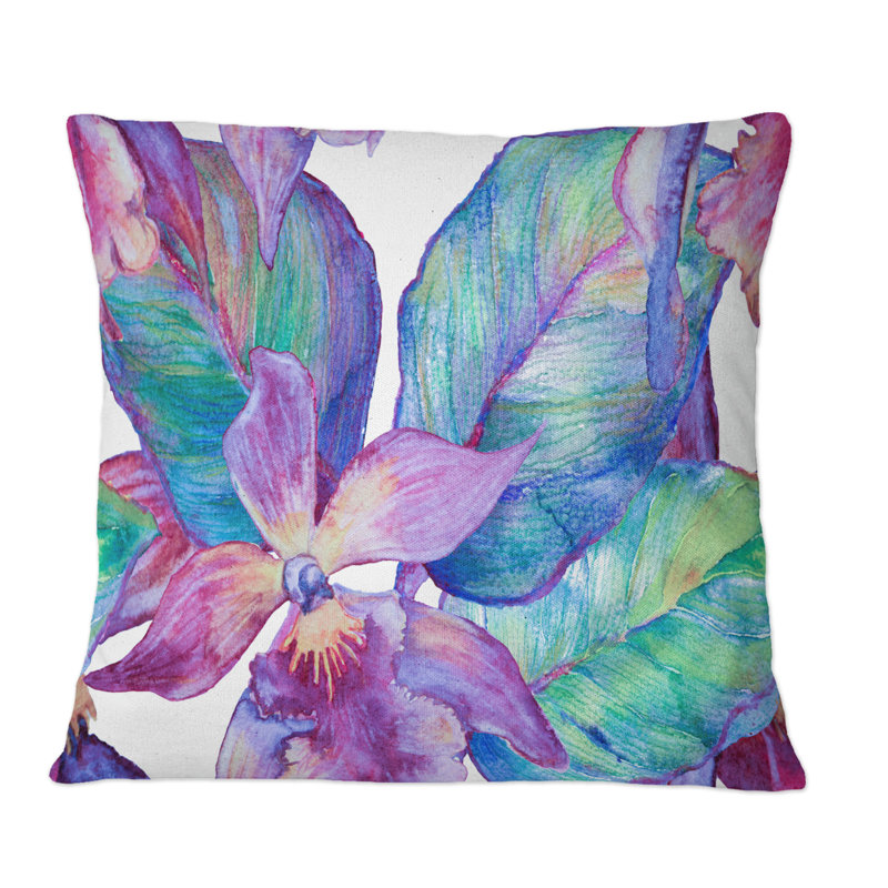 Orchidée turquoise et mauve - coussin décoratif traditionnel, 18 po x 18 po