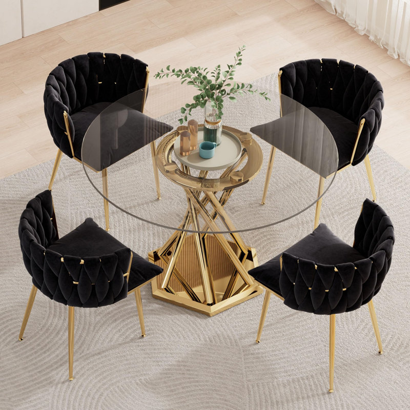 Ensemble de table de salle à manger ronde 47,2 "pour 4, 5 pièces, ensemble de table de salle à manger en verre trempé avec 4 chaises rembourrées en velours, pour cuisine, appartement