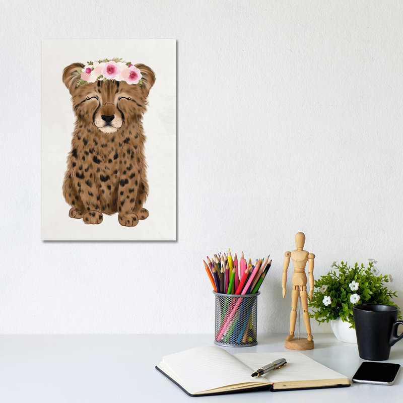 Floral Crown Baby Cheetah 1 Piece Wrapped Canvas Wall Art, 20.32 cm H x 30.48 cm W