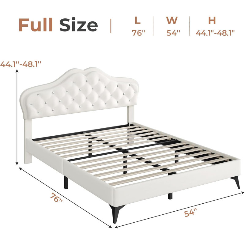 Princess Style Velvet Upholstered Scalloped Platform Bed, Full, Beige