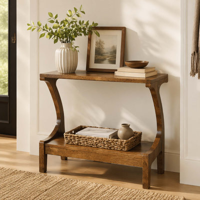 Two-Tier Curved Arch Solid Rubber Wood End Table, Rustic Brown Side Table with Lower Storage Shelf, Rounded Corner Farmhouse Sofa Accent Table for Living Room Decor Display