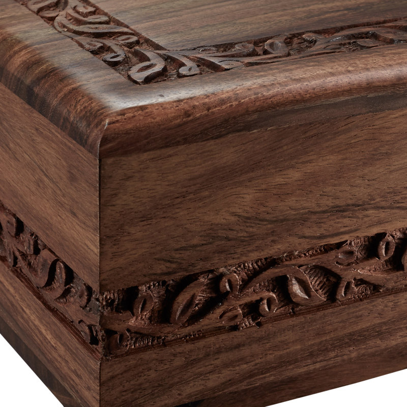 Decorative Rosewood Hand-Carved Floral Border Urn Box, Medium