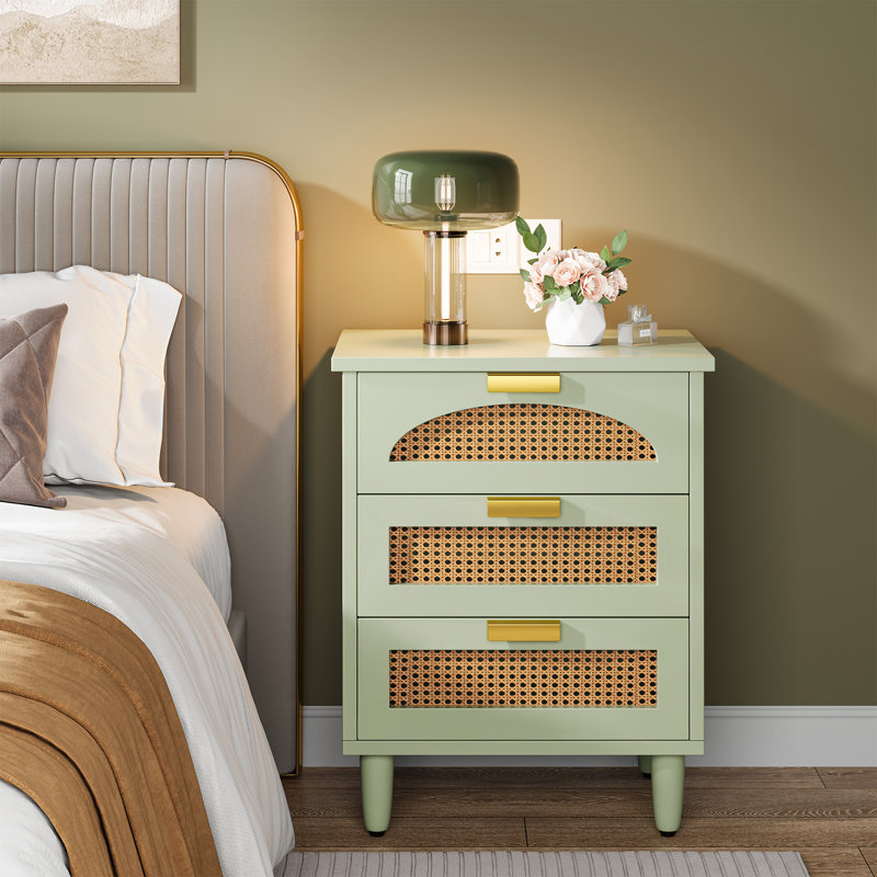 3-Drawer Rattan Nightstand Green, Individuel