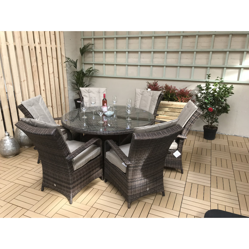 Faith 6 - Person Wicker Patio Dining Set with Round Table , Cushions Included, Brown, Natural White