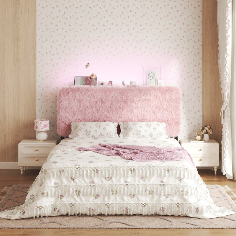Upholstered LED Headboard for Girls with USB & Type C Port, Queen, Pink