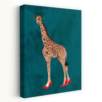 Stylish Giraffe In Red Heels Contemporary Giraffe Animal Portrait Wall Art Print by Sarah Manovski - Wrapped Canvas Print