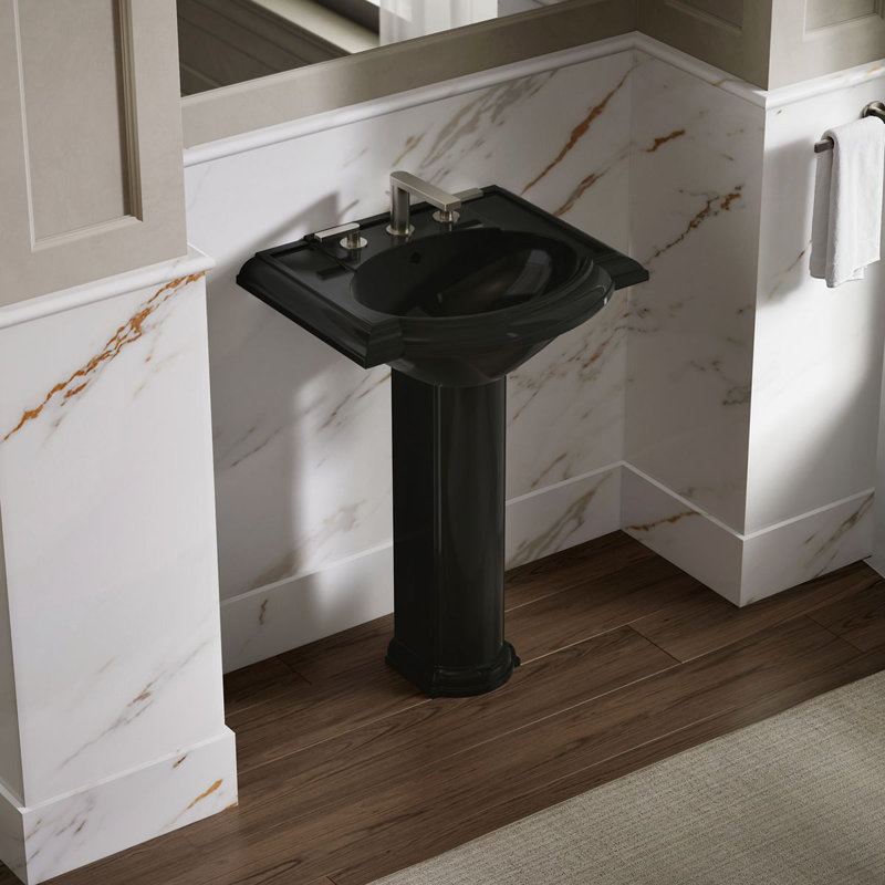 Devonshire Ceramic 25" Pedestal Bathroom Sink with Overflow, Dune, Widespread Faucet