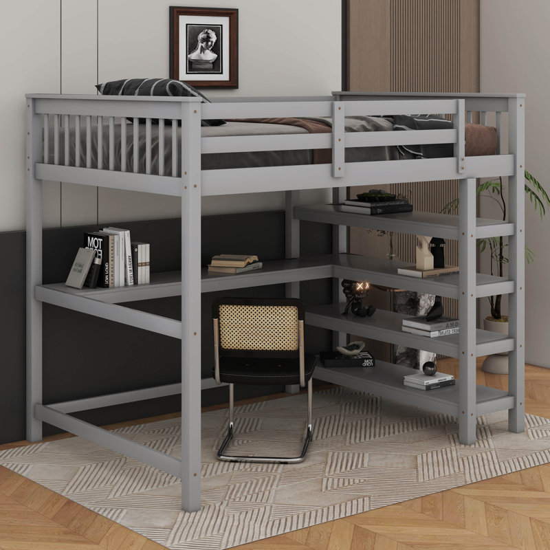 Lit mezzanine avec tablettes de rangement et bureau sous le lit, Gris, Lit double