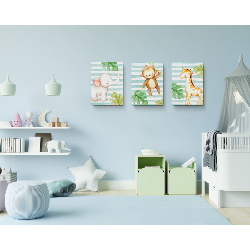 Cute Elephant Monkey Giraffe Animals " 3 - Pieces, 24" H x 48" W