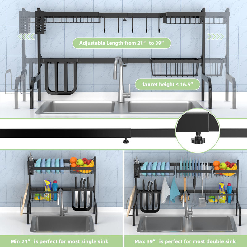 Adjustable Black Metal Over Sink Dish Drying Rack with Utensil Cup