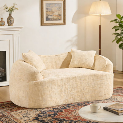 Canapé courbé 66,14 po 2 places en chenille beige, avec accoudoirs et coussins, sans assemblage, pour petits espaces