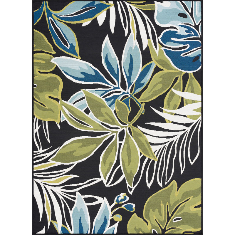Aronda Floral Indoor / Outdoor Area Rug for Patios, Entryway, Deck or Porch - Black, Rectangle 8'10" x 12'2"