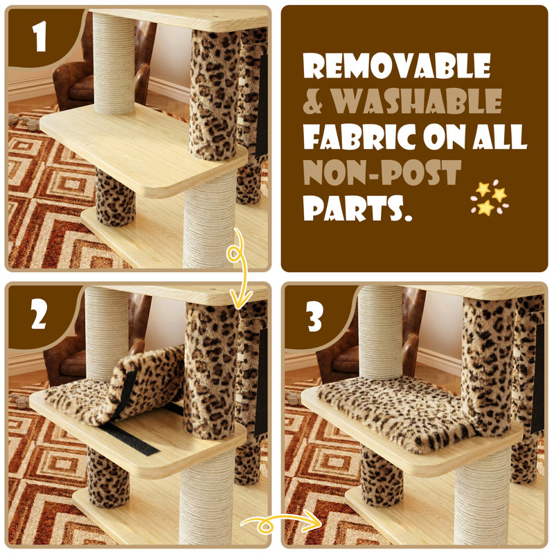 77in Multi-Level Cat Tree, Beige/Leopard, with 4.3in Thick Posts, Leopard Print