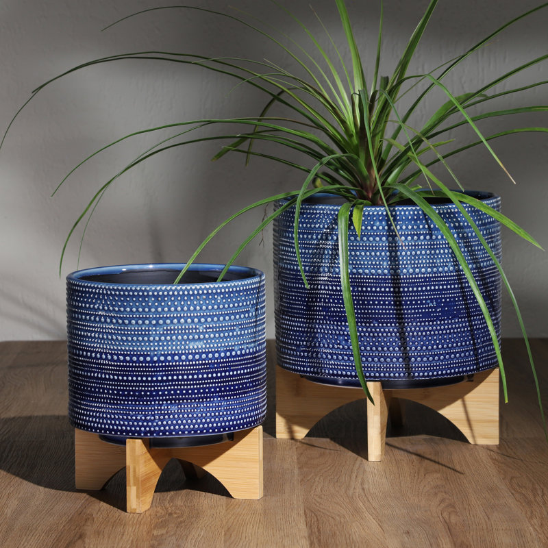 Jardinière en grès avec support en bambou Clingmans - Design moderne et élégant, matériaux de haute qualité, Bleu