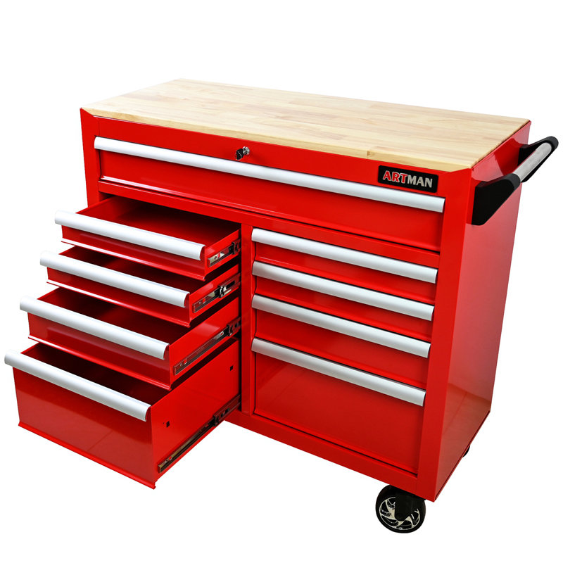 Chariot à outils 9 tiroirs avec roulettes et plateau en bois 9 tiroirs